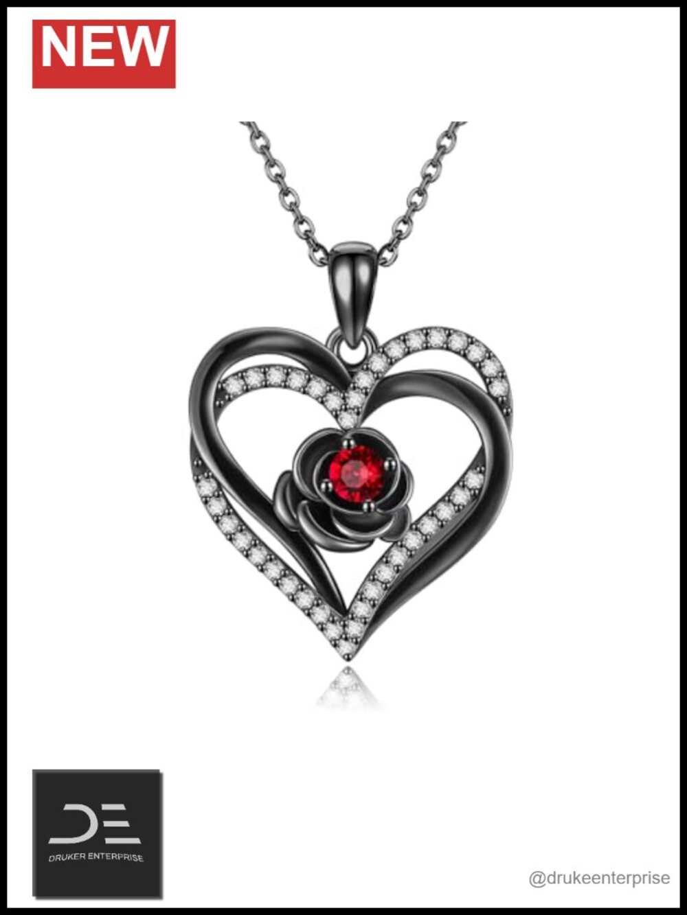 Sterling Silver Gothic Black Rose Pendant Necklace for Women